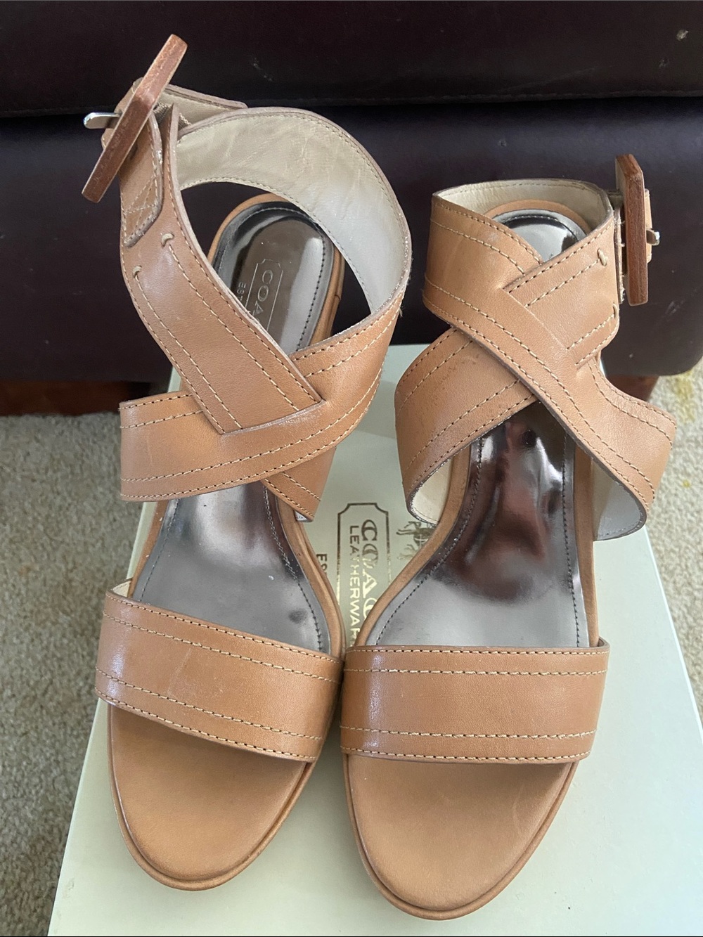 Coach Tan Leather Cross-Strap Ankle Buckle sandals